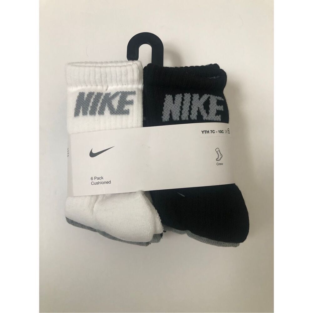 Nike Boys Cushioned Crew Socks 6 Pack (Grey/White/Black) size 7C-10C